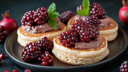   A platter adorned with pancakes smothered in chocolate frosting, punctuated by the juxtaposition of vibrant raspberries and pomegran