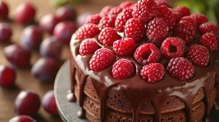  A chocolate cake topped with raspberries and chocolate sauce drizzled over the top