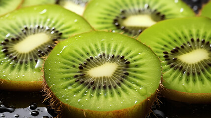 Ripe juicy fresh kiwi. Healthy food, organic fruits. Kiwi in a close-up section. Natural vitamins, raw materials for food products. Organic kiwis, hand picked. Generated AI