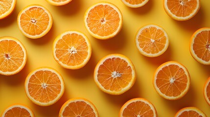 Fresh orange slices on a yellow background. Minimalist food photography with copy space. Design for poster, banner, greeting card, invitation, postcard. Flat lay composition