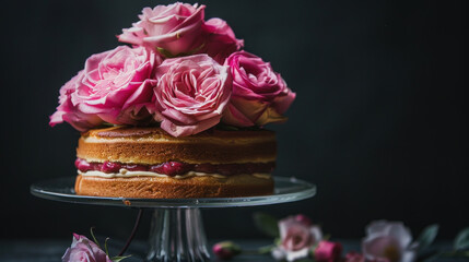 Naklejka premium Beautiful pink roses adorn a freshly baked cake. It sits on a stand against a black backdrop, leaving space for your words.