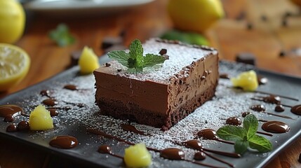   A chocolate cake sits on a pan with powdered sugar and is garnished with mint