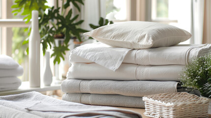 Bed linens and towels are neatly folded on a table.