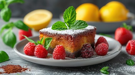   A plate adorned with a cake dusted with powdered sugar and surrounded by raspberries and lemons