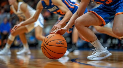 Focused basketball players dribbling on indoor court with blurred fans in the background