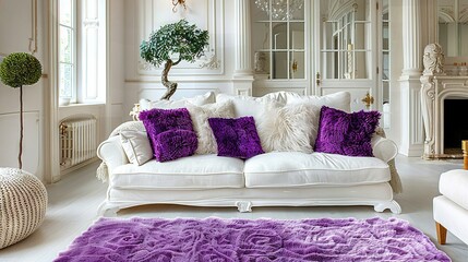   A white couch adorned with purple pillows occupies a cozy living room, featuring a fireplace and a potted plant in the corner