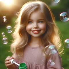 A little girl on a sunny lawn blows bubbles playing with bubble water and a ring. A summer day, happiness and serenity.