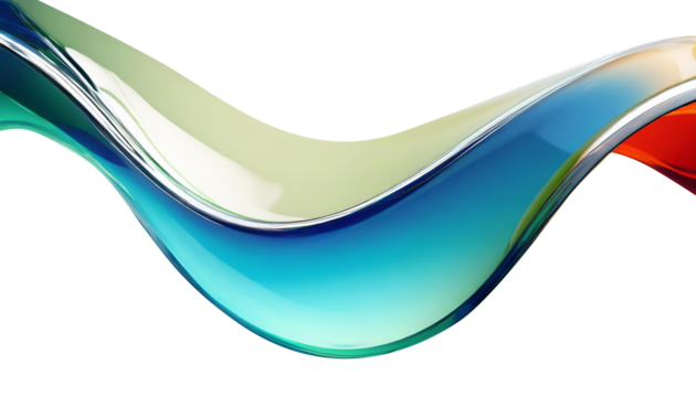Abstract liquid glass shape with colorful reflections. Ribbon of curved water with glossy color wavy fluid motion. Chromatic dispersion flying and thin film spectral effect.