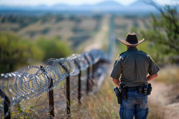 State of Texas, Sheriff inspects the state border, Policeman checks the integrity of the barbed wire on the state border, Protection from illegal migrants.