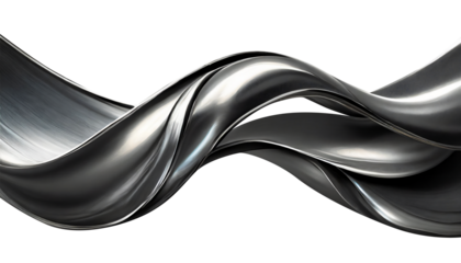 Abstract fluid metal bent form. Metallic shiny curved wave in motion. Cut out design element steel texture effect.