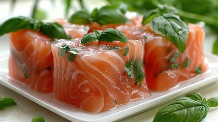   White plate holding salmon slices covered in sauce and garnished with green leaves