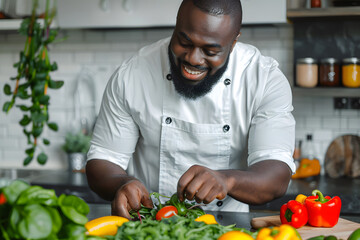 A cheerful bearded Black man preparing a fresh salad in a bright kitchen, surrounded by vegetables. AI