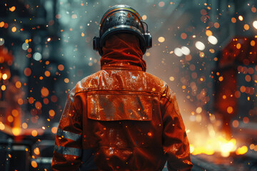 Melting metal. Metallurgical plant, smelting shop. A male steelmaker in a hard hat and work clothes watches the process of melting metal.