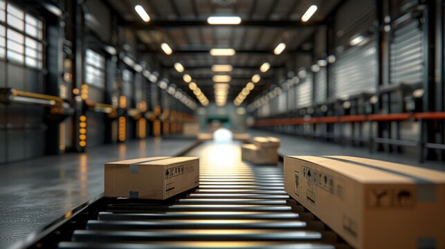 Modern warehouse automation  cardboard boxes on conveyor belts with digital interfaces