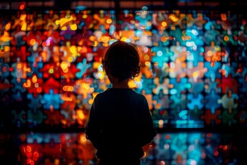 international children's day, the silhouette of a child against the background of a multi-colored puzzle piece