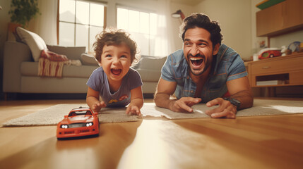 Fototapeta premium With a toy car race track set up on the floor, a father and his toddler son engage in a friendly competition, their laughter echoing through the room in this high-definition snapshot.
