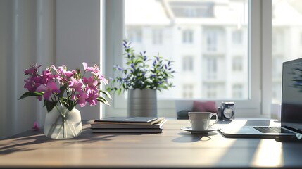 A bright and airy office with a coffee cup, a vase of flowers, and a laptop