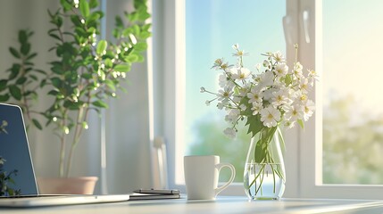 A bright and airy office with a coffee cup, a vase of flowers, and a laptop