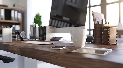 A clean office desk with a coffee cup, desktop monitor, and stationery holder