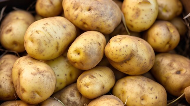 A pile of potatoes stacked on top of a table - Powered by Adobe