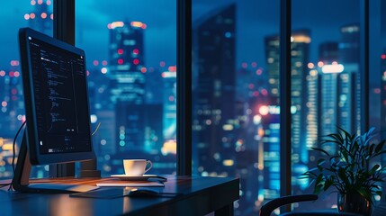 A corner office with a coffee cup, desktop monitor, and city skyline view