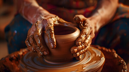 Hands of potter making clay pot. Close up process shot of a potter's hands shaping clay on a pottery wheel AI