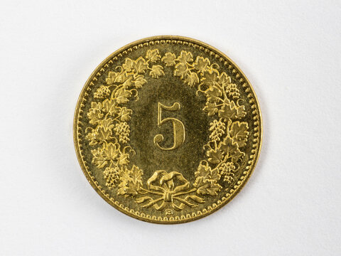 Swiss 5 centimes coin, white background, front side