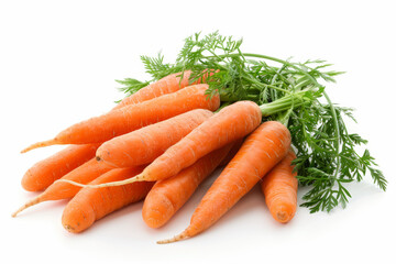A bunch of fresh carrots isolated on a white backdrop, highlighting their earthy sweetness and crunchy bite. Concept of root vegetables and garden-fresh produce. Generative Ai.