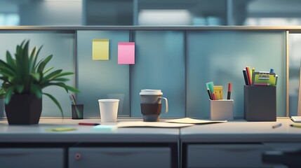 A modern office cubicle with a coffee cup, sticky notes, and a pen holder