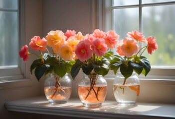 Fototapeta premium Dainty, Begonia , Begonias tuberhybrida flowers neatly arranged in a minimalist, vase resting on a smooth,luminous window