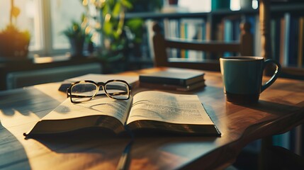 A tidy office desk with an open book, a coffee cup, and reading glasses