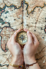 Fototapeta premium Focused on a detailed exploration, a person inspects an old map with a compass in hand