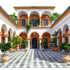 Courtyard in the royal alcazar of seville (real alcazar de sevilla), seville isolated on white background, simple style, png
