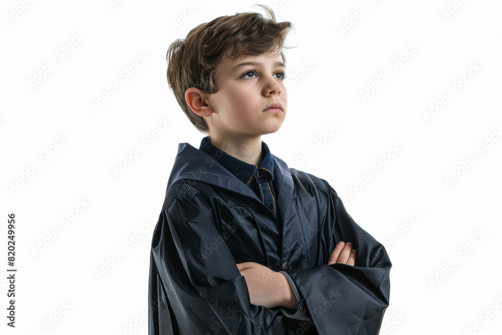 Poster a contemplative boy in a wizard robe, standing alone against a white backdrop, devoid of surrounding