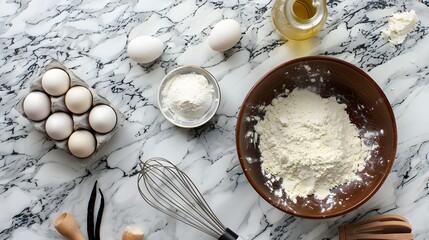 Baking Ingredients on Marble Countertop, Top View, Minimalist Composition, Flour, Eggs, Whisk, and Vanilla, Isolated Arrangement, Copy Space
