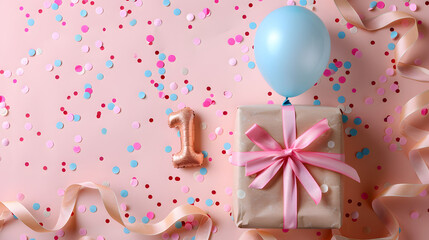 First birthday gift box with number 1 balloon inside, confetti and ribbons on a pastel background isolated on white background, flat design, png
