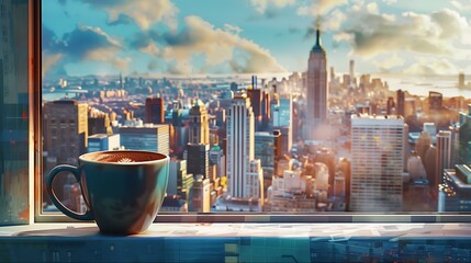 Perched on a windowsill overlooking a bustling cityscape, a ceramic coffee cup offers a moment of...
