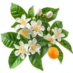 Orange tree flowers bunch closeup isolated transparent png. neroli blossom. white citrus tree bloom macro isolated on white background, hyperrealism, png
