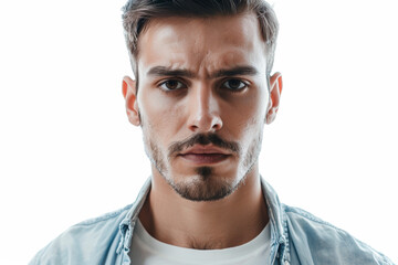 Fototapeta premium A focused man with a determined look, detached from the backdrop, removed from the background, with no background. Concept of determination and perseverance. Generative Ai.