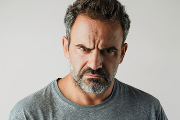 Fototapeta premium A serious man with a stern expression, detached from the backdrop, isolated from the background, with no background. Concept of seriousness and focus. Generative Ai.