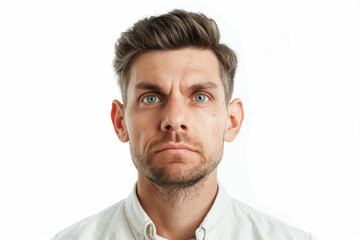 Fototapeta premium A man with a raised eyebrow and skeptical look, separated from the environment, trimmed from the background, with no background. Concept of skepticism and doubt. Generative Ai.