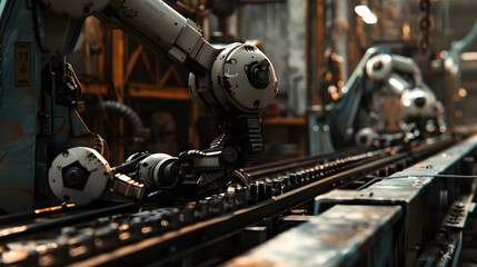 Fototapeta premium A machine with a broken part is covered in oil and grease. The machine is in a factory setting