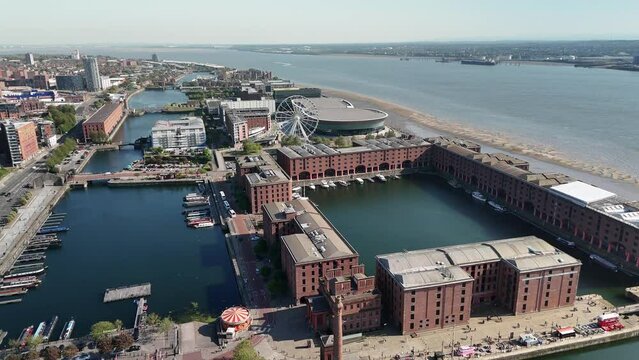 Aerial drone shot of Liverpool and Albert Dock