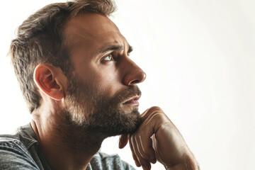 Obraz premium A man with a contemplative expression and distant gaze, detached from the backdrop, trimmed from the background, with no background. Concept of deep thought and contemplation. Generative Ai.