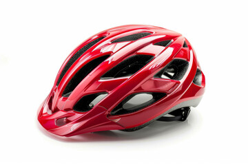 Fototapeta premium A shiny red bicycle helmet isolated on a plain white backdrop, detached from the surroundings, with no background. Concept of safety and protection. Generative Ai.