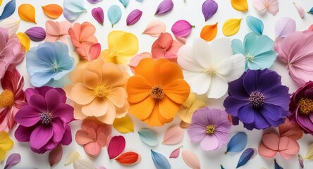 A flat lay of vibrant flower petals scattered artfully on a pristine white background, creating a delicate and colorful composition.