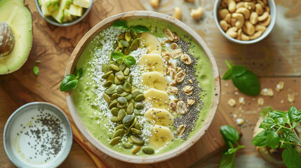 Smoothie bowl with herbs and natural ingredients