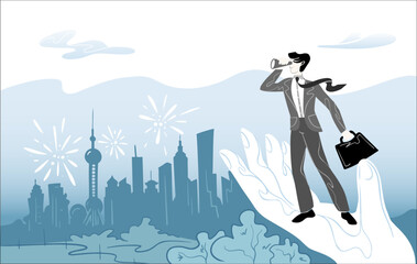 Business travel concept. Vector flat people illustration. Male businessman in suit. Corporate.event agency. Support business.Career development growth. 