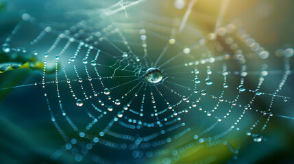 Naklejka premium A spider web with water droplets on it. The web is blue and green