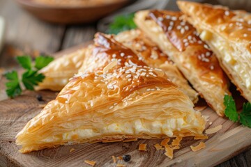 Freshly baked tiropita with golden phyllo pastry and cheese filling